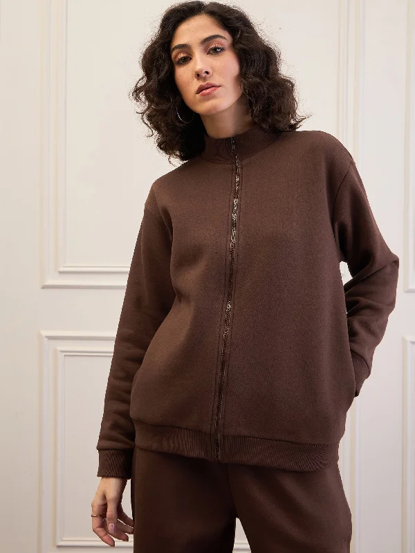 Women Dark Brown Fleece Zipper Jacket Wool Jacket Cashmere Jacket Tweed Jacket