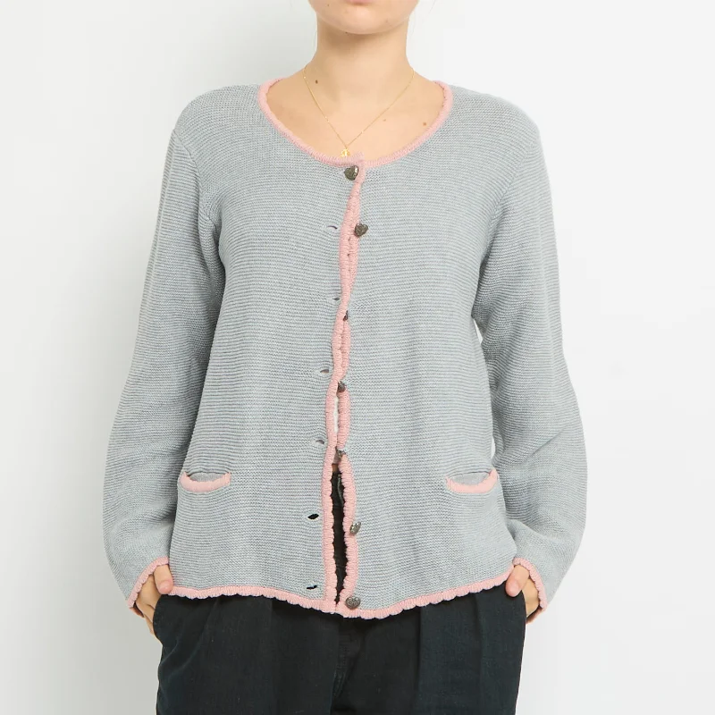 Contrast Trim Heart Detail Knitted Cardigan -UK 14 Mesh Cardigan Canvas Denim