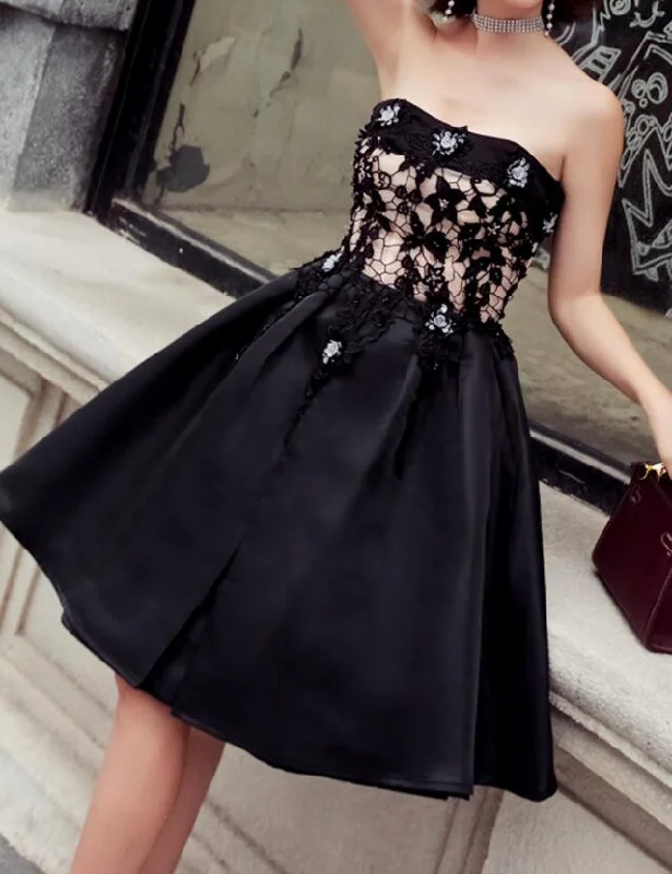 Black Satin with Lace Knee Length Prom Dress Homecoming Dress, Black Party Dresses Sequined Elegant Party