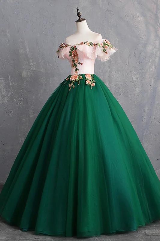 Green Tulle Lace Long Prom Dress, Cute Off Shoulder Evening Dress Party Dress Tunics Chic fashionable