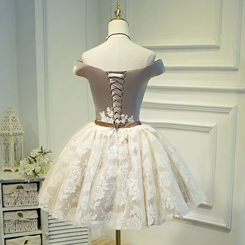 Light Champagne Lace and Satin Off Shoulder Party Dress Homecoming Dress, Short Prom Dress Tunics Trendy modern