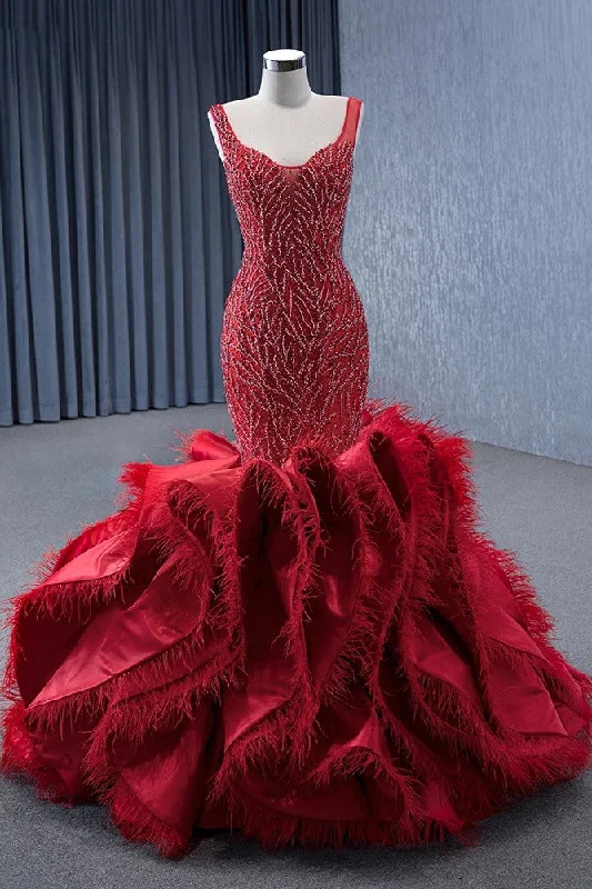Red Princess Mermaid Beading Evening Dress Ruffles Party Dress Cowl Neckline Elegant