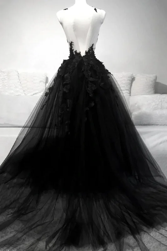 Black A-line Tulle with Lace Long Party Dress, Black Formal Dress Prom Dress Tunics stripes playful