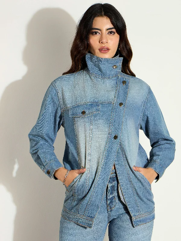 Women Blue Acid Washed Denim High Neck Jacket Satin Jacket Silk Jacket Chiffon Jacket