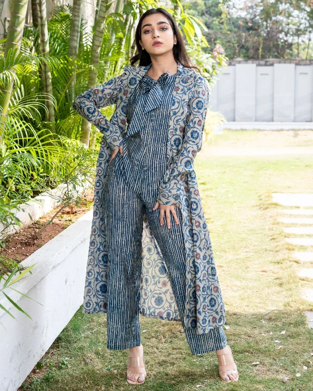 BLUE GREY STRIPED JUMPSUIT WITH PRINTED JACKET Faux Fur Jacket Real Fur Jacket Shearling Jacket