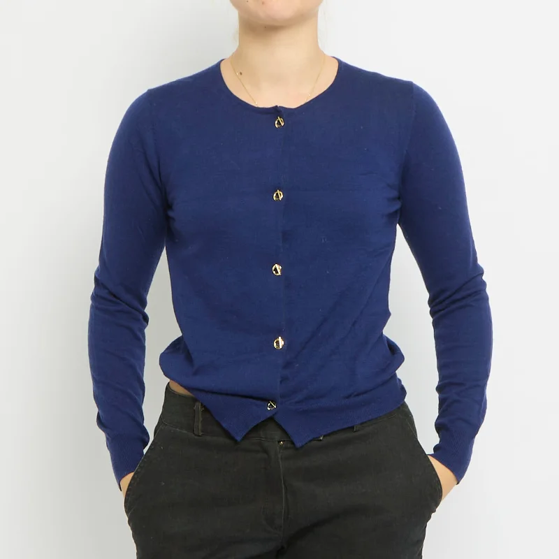 Round Neck Knitted Cardigan - UK 10 Welt Pockets Slit Pockets Flap Pockets