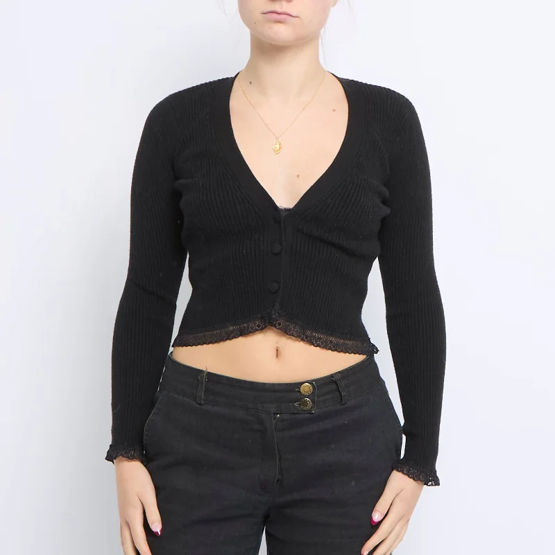 V-Neck Ribbed Knitted Cardigan - UK 4 Wool Cardigan Cotton Cardigan Cashmere Cardigan