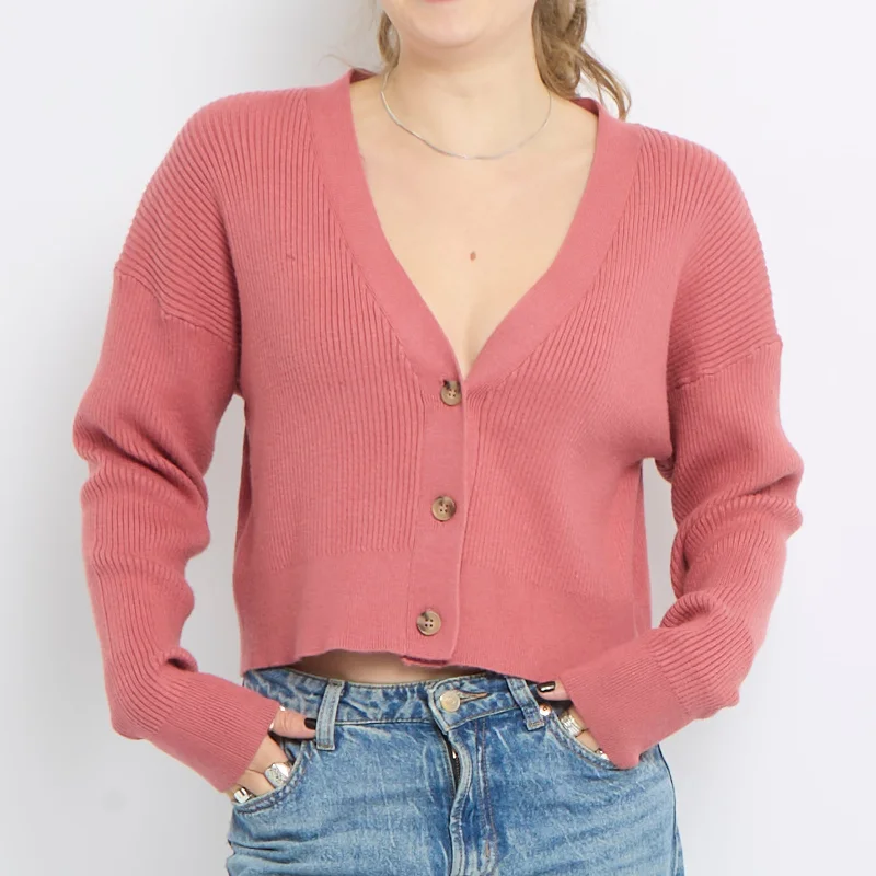 V-Neck Chunky Knit Cardigan - UK 12 Chenille Brocade Lace