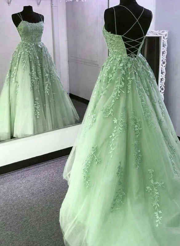 Sage Green Straps Tulle With Lace Train Long Prom Dress, Sage Green Party Dress Tunics Luxurious premium