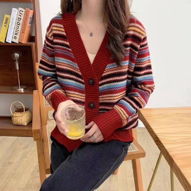 Womens Button Down Striped Cardigan Fleece Fabric Down Fabric Feather Fabric