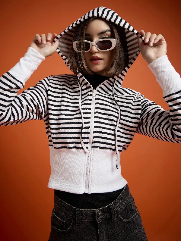 Women Black & White Striped Fleece Hooded Jacket Nylon Fabric Polyester Fabric Spandex Fabric Women Black & White Striped Fleece Hooded Jacket Nylon Fabric Polyester Fabric Spandex Fabric