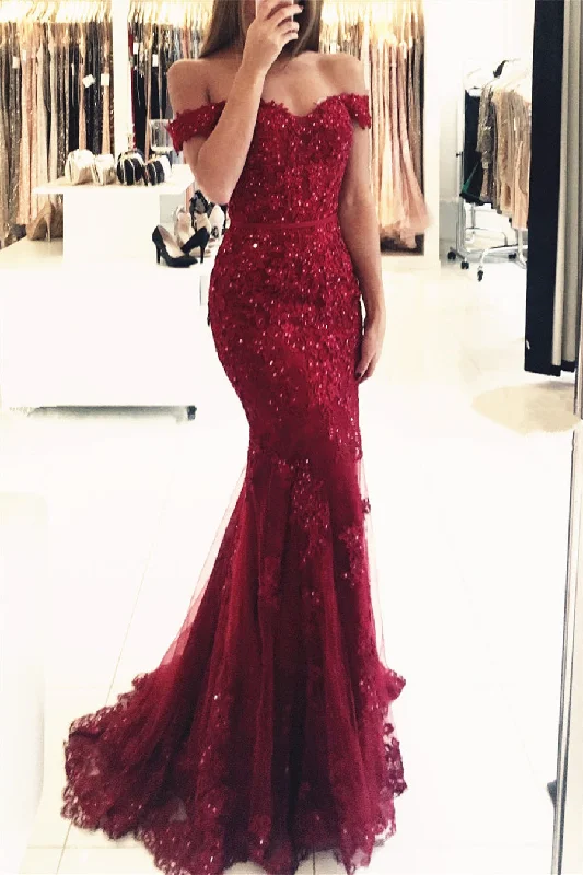 Red Long Evening Dresses Lace Beaded Off Shoulder Mermaid Prom Dresses Party Dresses Tunics Occasion special