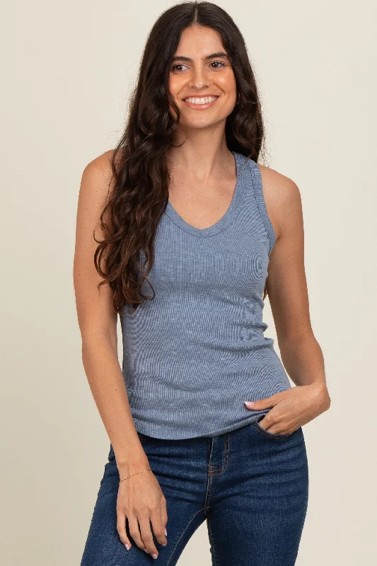 Blue V-Neck Ribbed Tank Top sexy tank top