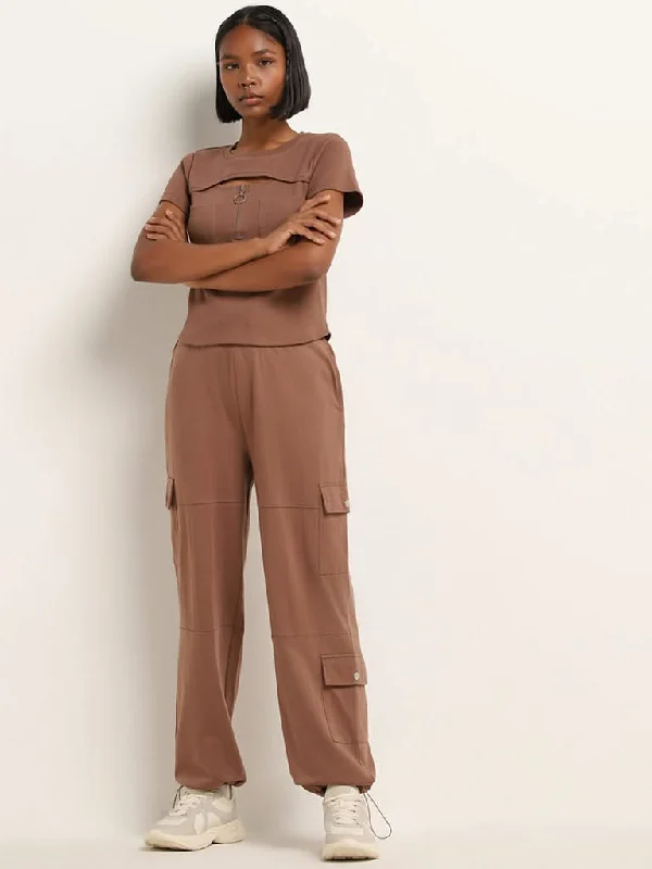 Studiofit Brown Parachute-Style High-Rise Track Pants Classic Cropped Pants