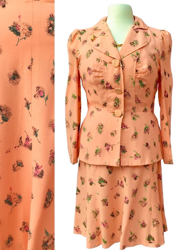 1970s Vintage Peach Floral Crepe Skirt Suit by Creation Mademoiselle denim skirt classic