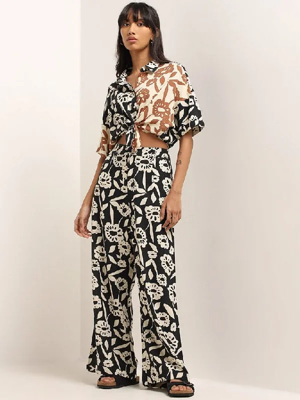 Nuon Black Floral Printed Blended Linen Pants Trendy Printed Pants