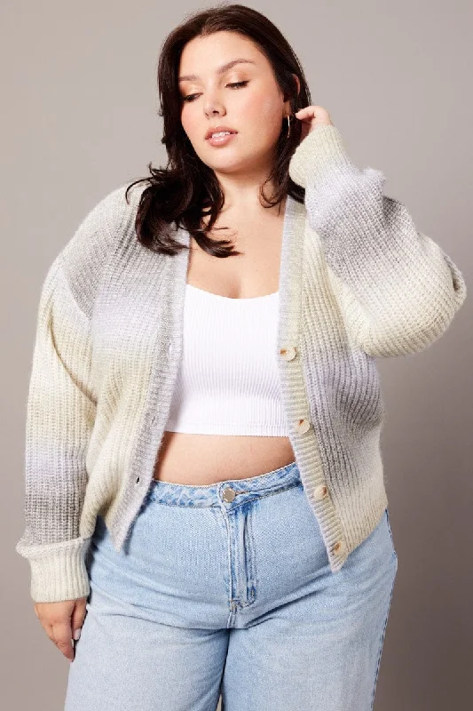 Multi Knit Cardigan V-neck Solid Color Striped Floral Print