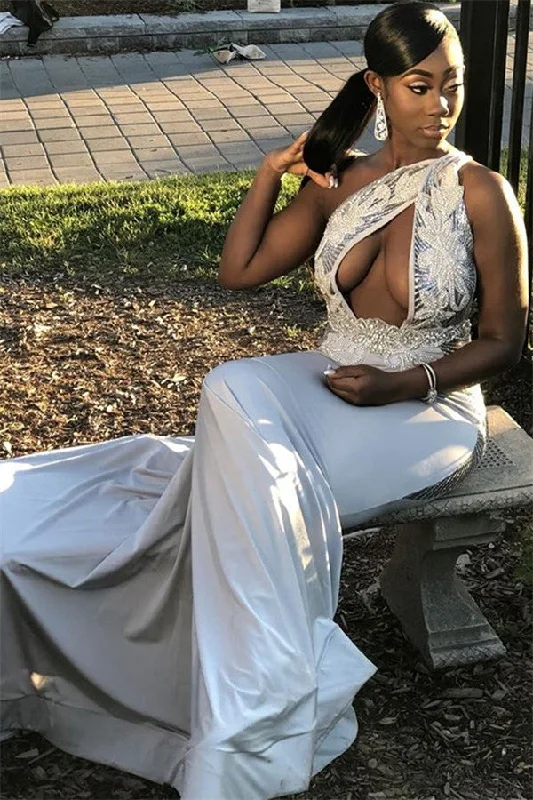 One-shoulder Flower Appliques Mermaid Prom Dresses | Charming Sleeveless Party Dresses Tunics Satin smooth