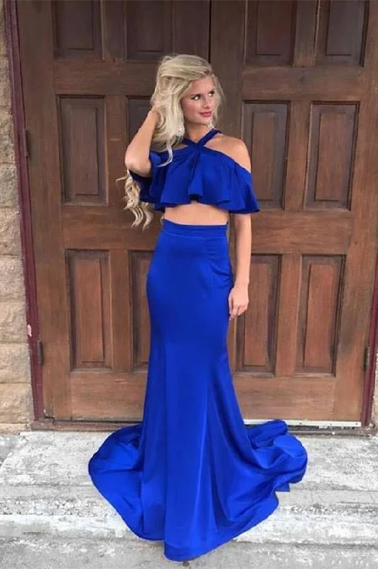 Simple Royal Blue Two Pieces Sheath Long Prom Dresses Party Dresses Tunics stripes playful