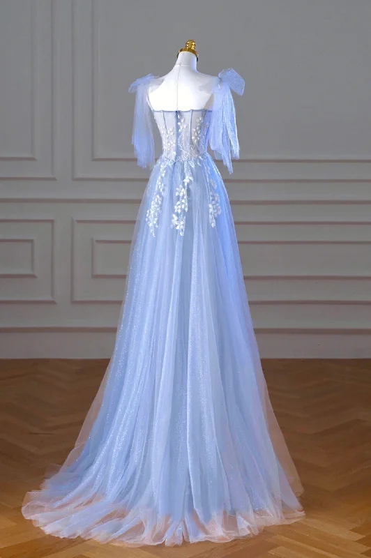 Blue Spaghetti Strap Tulle Lace Long Prom Dress, A-Line Evening Party Dress Tunics New arrival