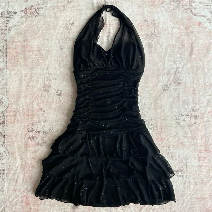 Black Chiffon Sleeveless Halter Party Dress Short Prom Dress A-Line Day Work
