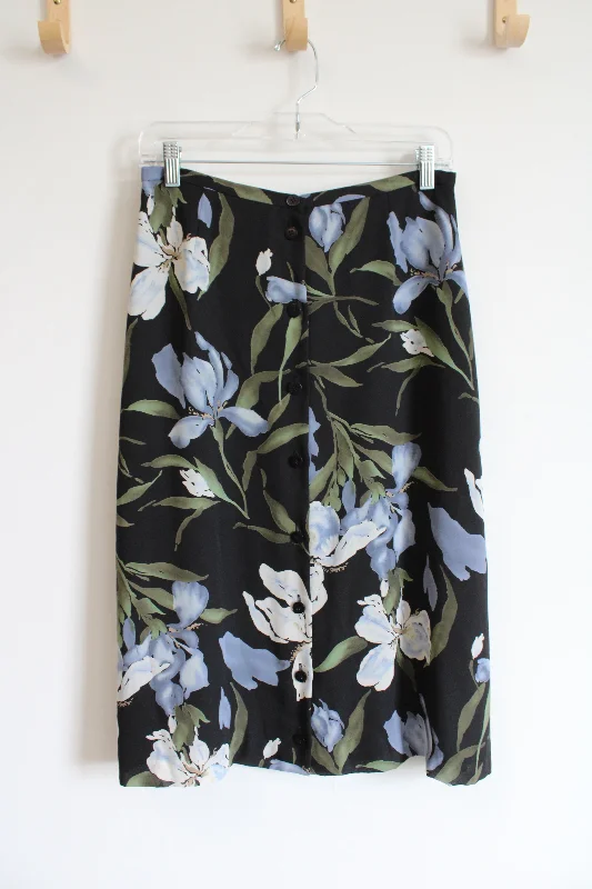 Josephine Chaus Vintage Blue & Green Floral Black Button Down Skirt | 10 Petite elastic waist skirt