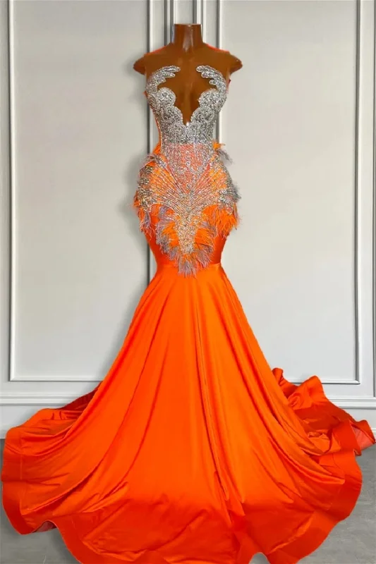 Orange Sleeveless Illusion Mermaid Prom Party Dresses With Beadings and Feather sweetheart Neckline Romantic Orange Sleeveless Illusion Mermaid Prom Party Dresses With Beadings and Feather sweetheart Neckline Romantic