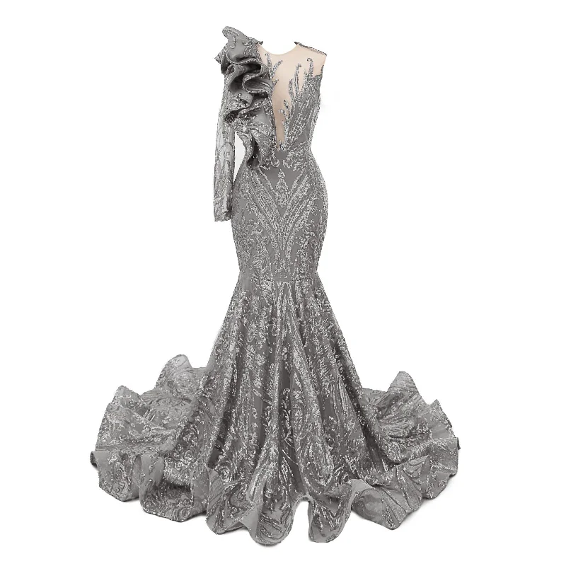 Silver Mermaid One Sleeve Prom Dresses Sequined Lace Jewel Ruffles Evening Party Dress with Appliques Tunics Party sparkling