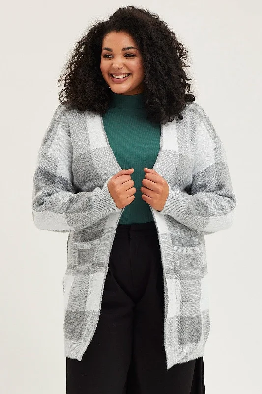 Check Knit Cardigan Long Sleeve Longline Polka Dot Checkered Tartan