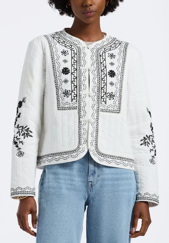 Ashleigh Women's Quilted Embroidered Button-Up Jacket, Egret - JK0048P Plaid Jacket Tartan Jacket Houndstooth Jacket