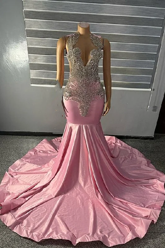 High neck Unique SIlver Beaded Pink Mermaid Prom Party Dresses Turtleneck Neckline Stylish High neck Unique SIlver Beaded Pink Mermaid Prom Party Dresses Turtleneck Neckline Stylish