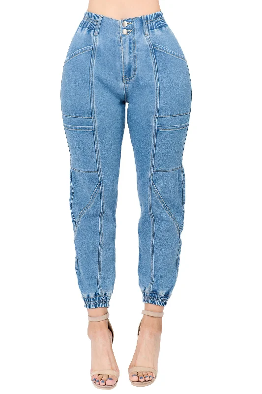 Elastic High Waist Denim Joggers Pants (RJJ-3815) Fashionable Tapered Leg Pants