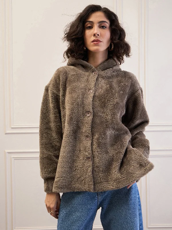 Women Dark Grey Fur Button Placket Hooded Jacket Fleece Jacket Down Jacket Parka