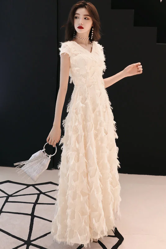 Champagne Short Sleeves Party Dress Long Prom Dress With Featherss Pencil Length Work