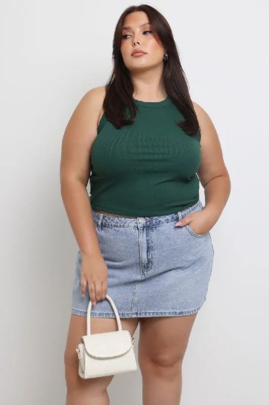 Green Tank Top Crew Neck Rib lace tank top