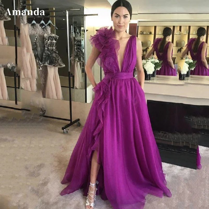 Cinessd Purple V-neck Prom Dress ????? ????  Sleeveless Customized Vestido De Novia Organza Prom Gown Hydrangea Ball Party Dress Tunics Leisure comfortable