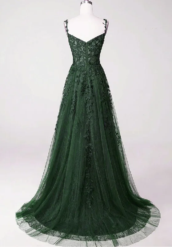 Chic Green Straps Tulle with Lace Party Dress, A-line Sweetheart Floor Length Prom Dress Tunics Yoga stretchy