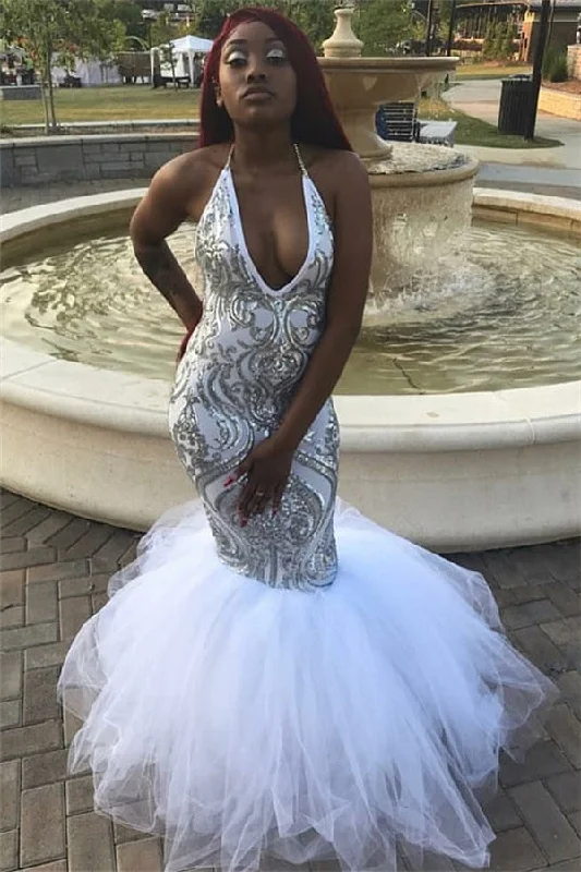Halter Sleeveless Appliques Prom Dresses | V-Neck Tulle Mermaid Party Dresses Tunics Corduroy durable
