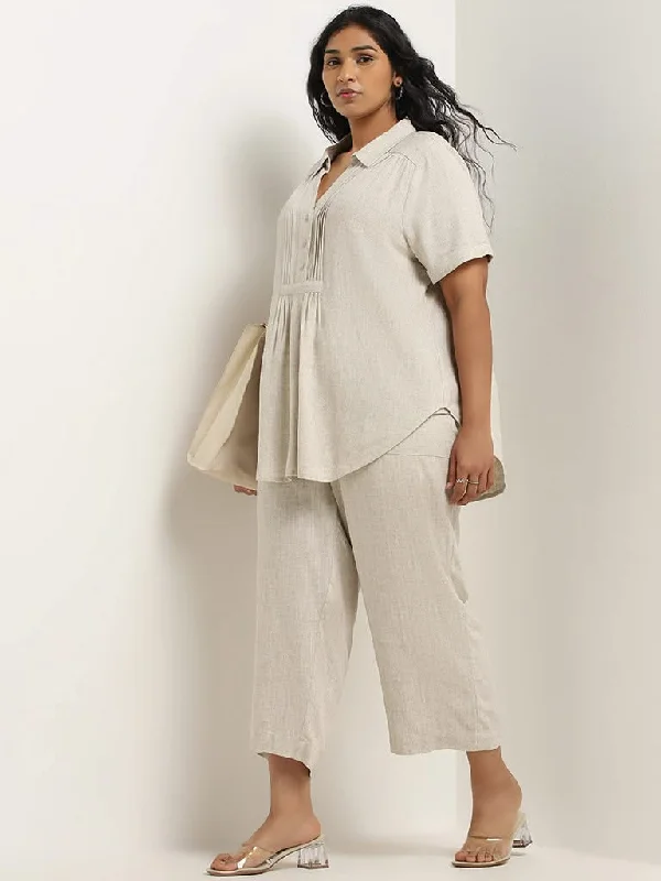 Gia Beige Mid-Rise Straight-Fit Cotton Pants Comfortable Pleated Pants