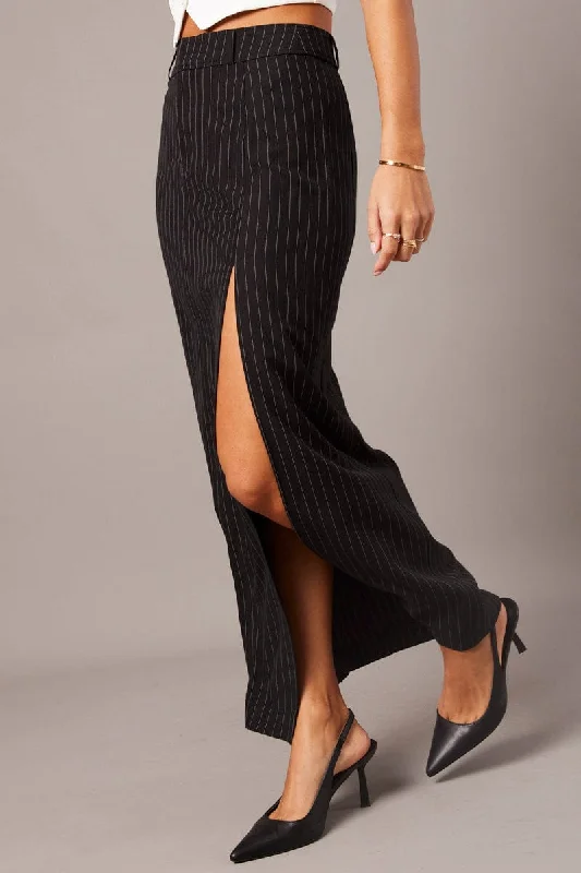 Black Stripe Midi Skirt Tailored High Waist zip skirt side