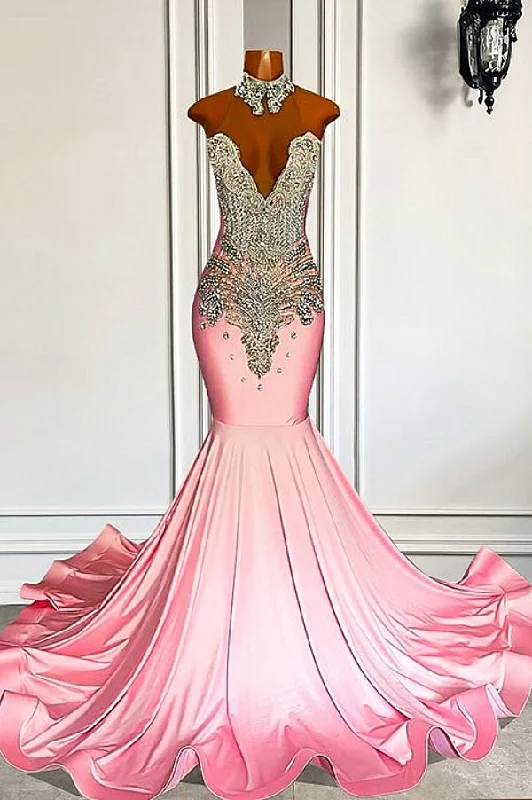 Sweetheart Silver Beaded Pink Mermaid Satin Prom Party Dresses Tunics Top Casual