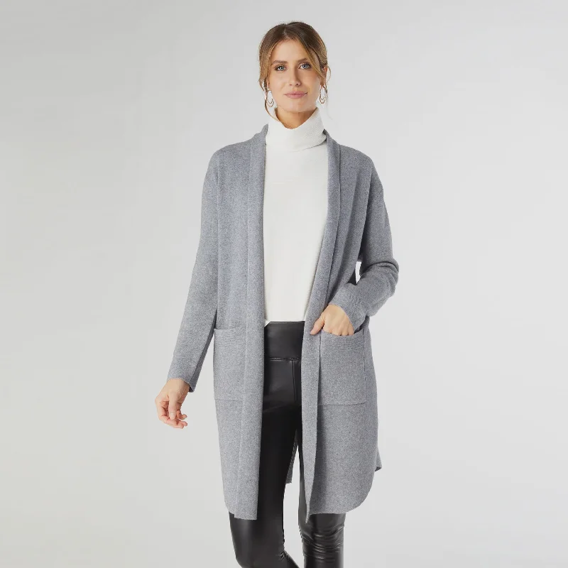 Heavenly-Luxe Long Cardigan with Lattice Back | Mid Heather Grey Cotton Fabric Linen Fabric Terry Fabric