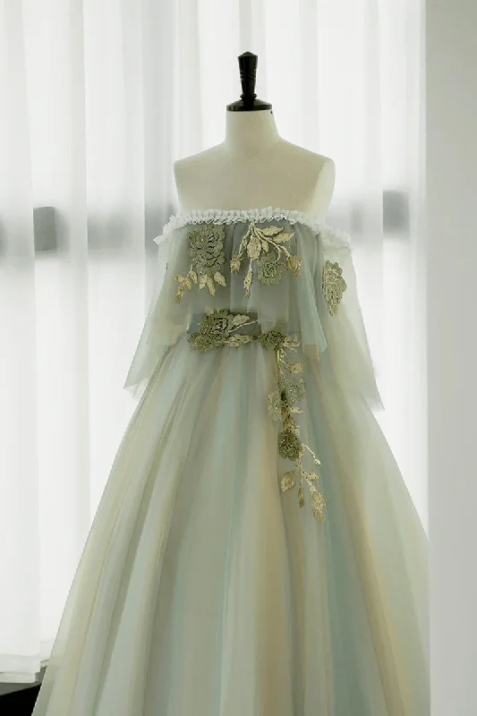 Light Green Off Shoulder Tulle with Lace Long Prom Dress, A-line Green Party Dress Tunics Running lightweight