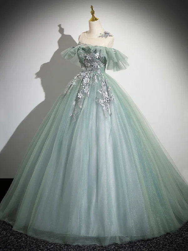 Cute Tulle Lace Long Prom Dress, A-Line Scoop Neckline Off Shoulder Evening Party Dress Tunics Winter warm
