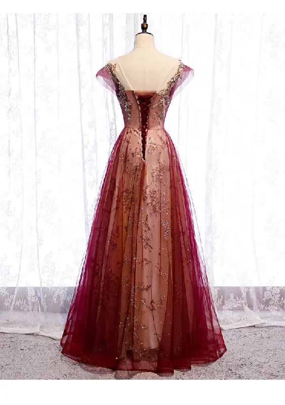 Wine Red Cap Sleeves Tulle with Lace Applique Party Dress, Wine Red Evening Dress Prom Dress Bodycon Fitted Nightout