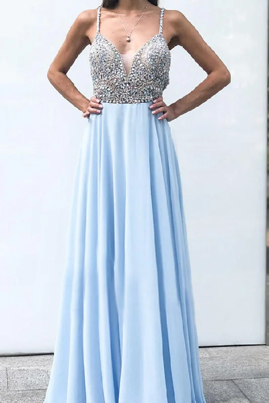 Flossy Spaghetti Straps Prom Dresses A Line Formal Party Dresses with Beading Turtleneck Neckline Stylish