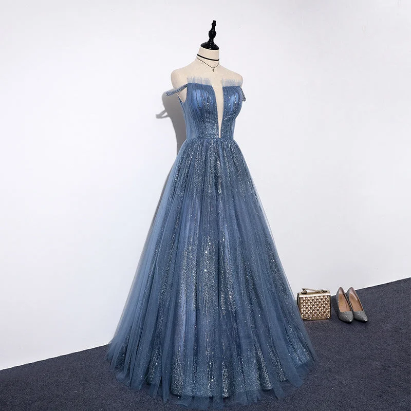 Lovely Tight A-line Lace Up Blue Prom Dresses For Girls Party Dresses Turtleneck Warm Winter
