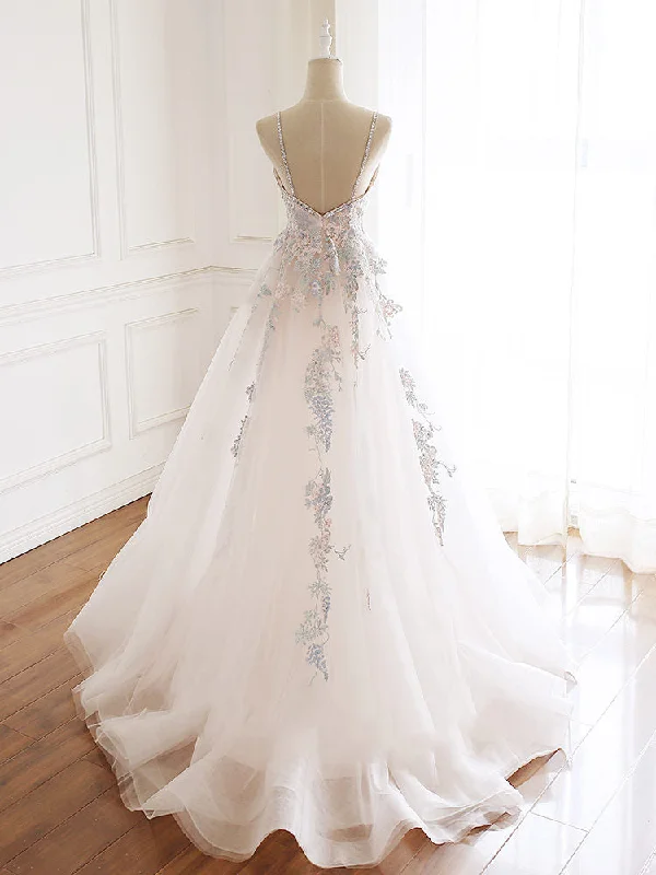 V-neckline Lace Applique Floor Length Party Dress, Charming White Floral Prom Dress Tunics Top rated