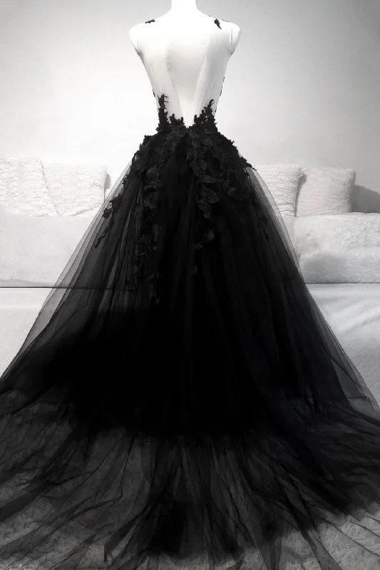 Black Tulle Long Prom Dresses, A-Line Lace Evening Party Dresses Tunics Top rated