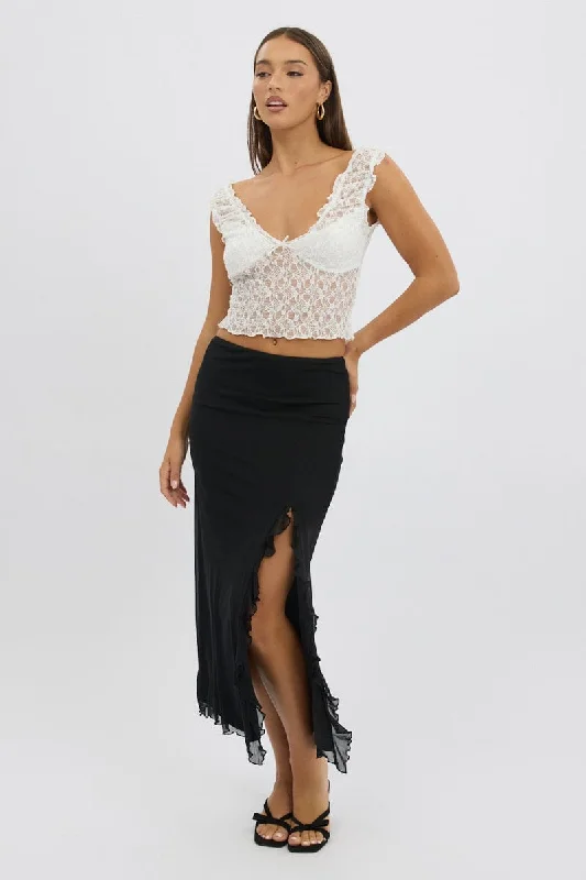 Black Maxi Skirt High Rise Ruffled Slit  Frill Hem Mesh linen skirt breathable